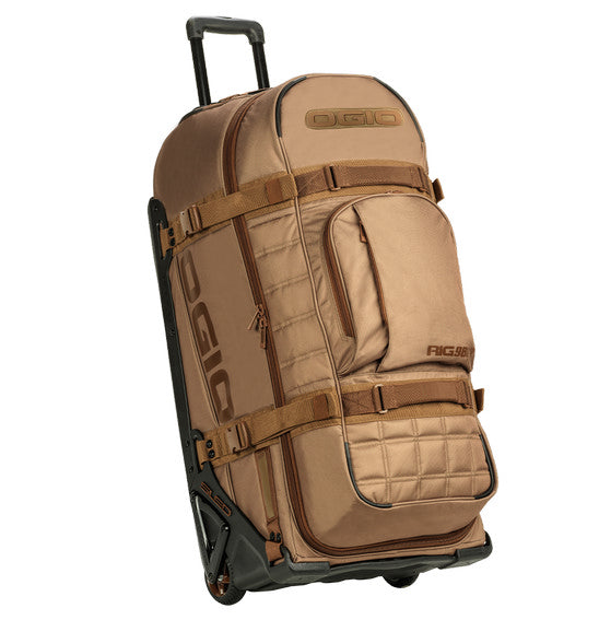 Brown rolling luggage with Riggo branding on a white background