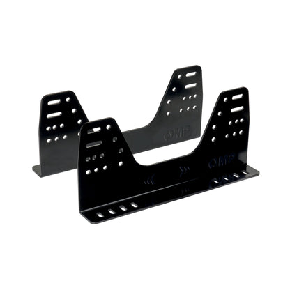 Black Alloy metal seat bracket with 'OMP' branding on a white background
