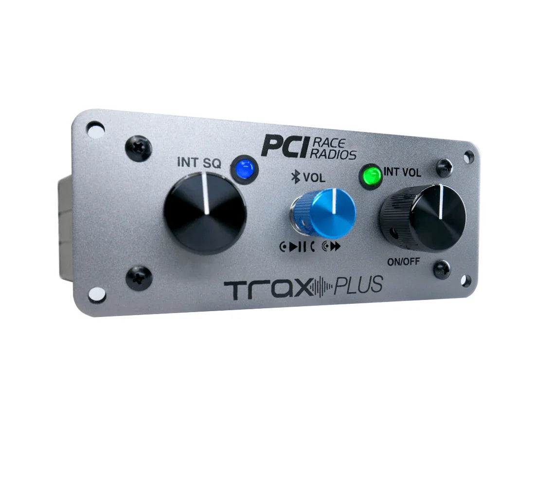 PCI TRAX Plus Bluetooth stereo intercom front panel with squelch and volume controls