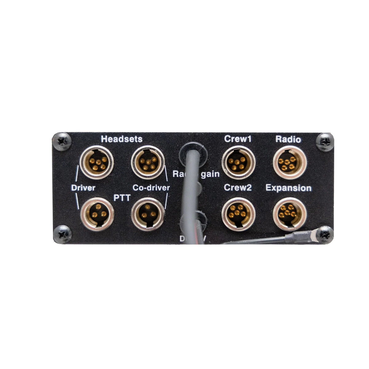 PCI TRAX Plus intercom rear panel with headset, push-to-talk, radio and expansion connections