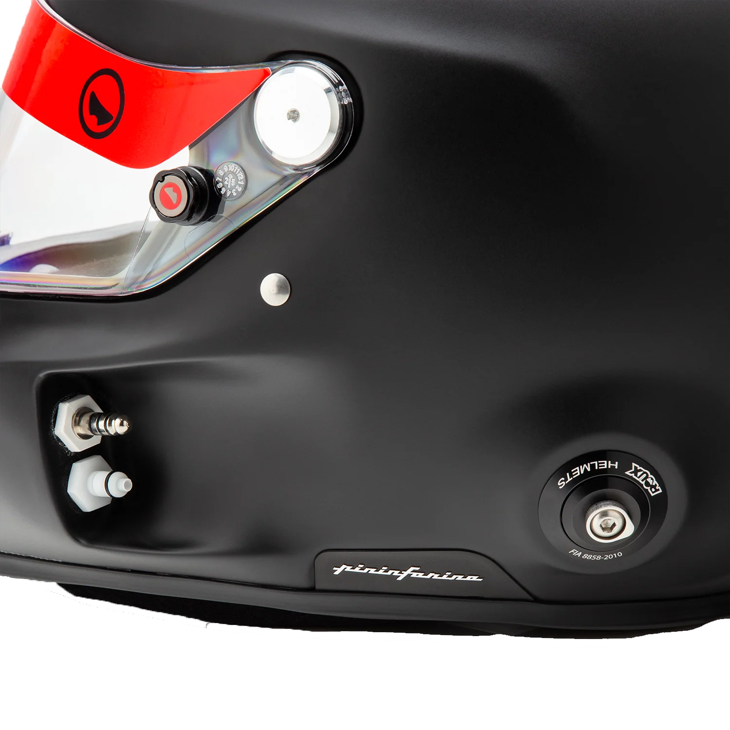 Roux R1-F 2025 SA2025 helmet — close-up detail of comms plug, drink tube port, HANS anchor post and Pininfarina badge