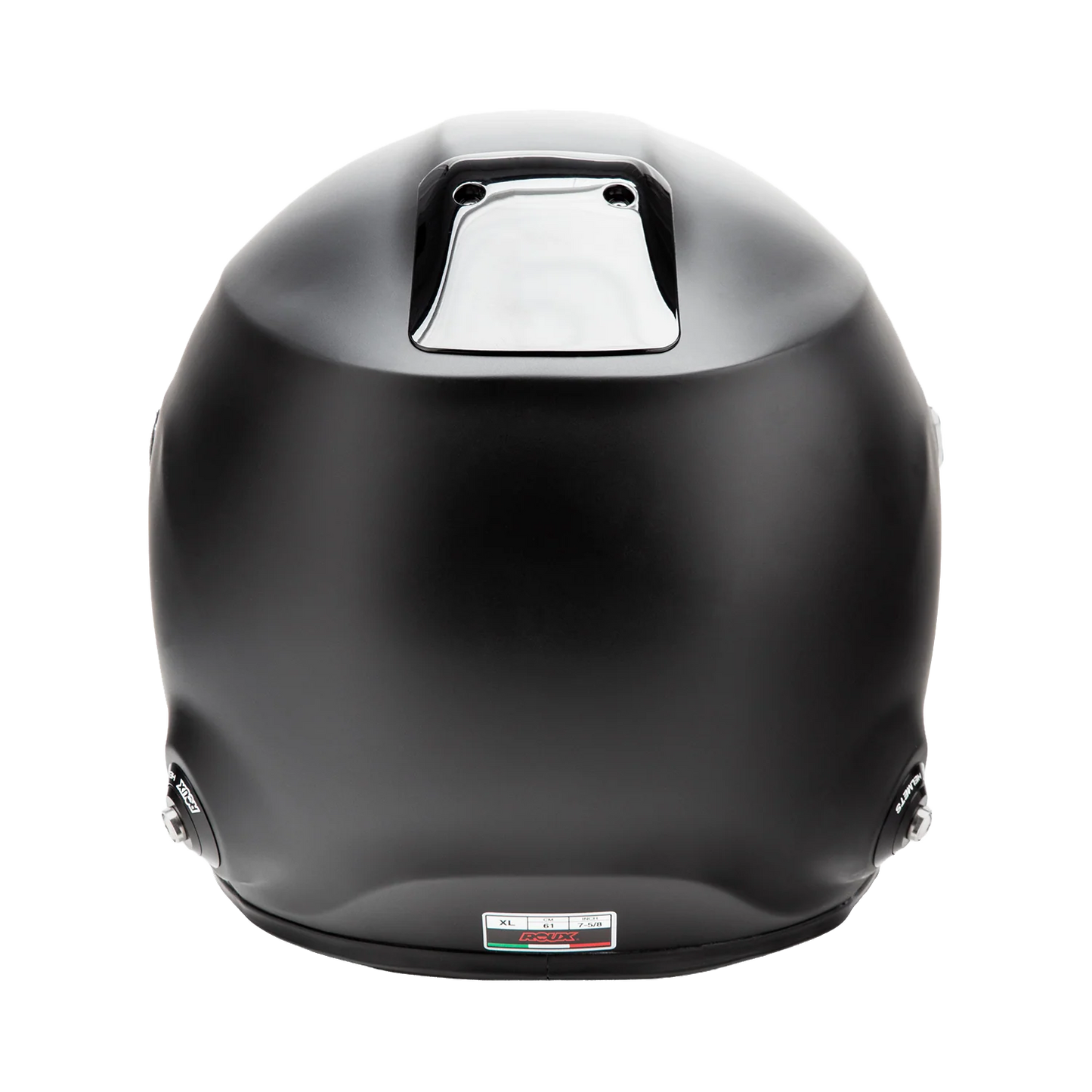 	Roux R1-F 2025 SA2025 helmet — rear view showing HANS anchor posts and size label