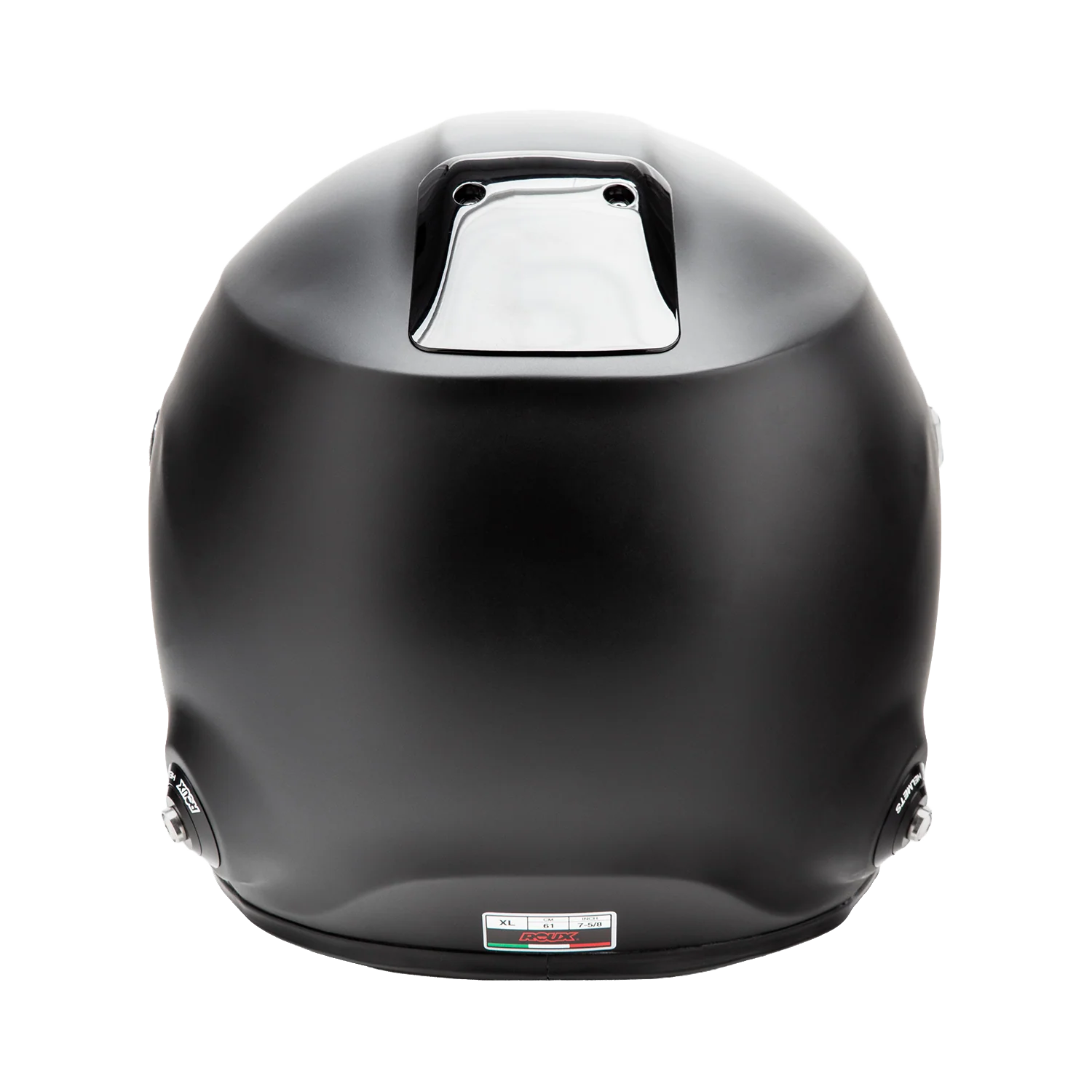 	Roux R1-F 2025 SA2025 helmet — rear view showing HANS anchor posts and size label