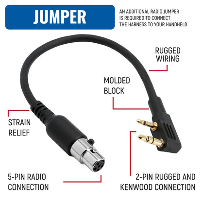 Rugged Radios radio jumper cable — 5-pin radio connection to 2-pin Rugged and Kenwood handheld with moulded block and strain relief