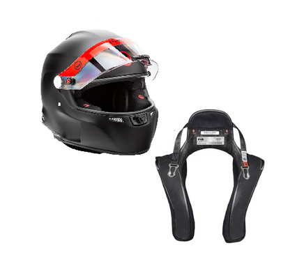 	Roux by Pininfarina R1-F 2025 SA2025 full comms helmet and Stand 21 Club 1 HANS device — side view on white background