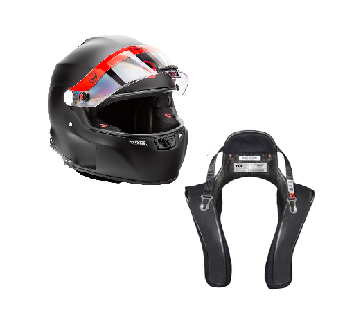	Roux by Pininfarina R1-F 2025 SA2025 full comms helmet and Stand 21 Club 1 HANS device — side view on white background