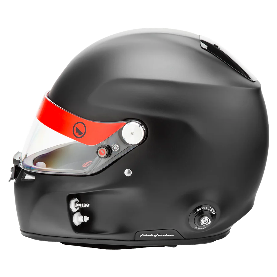 Roux by Pininfarina R1-F 2025 SA2025 helmet — right side rear view showing drink system connectors, FIA badge and Pininfarina script