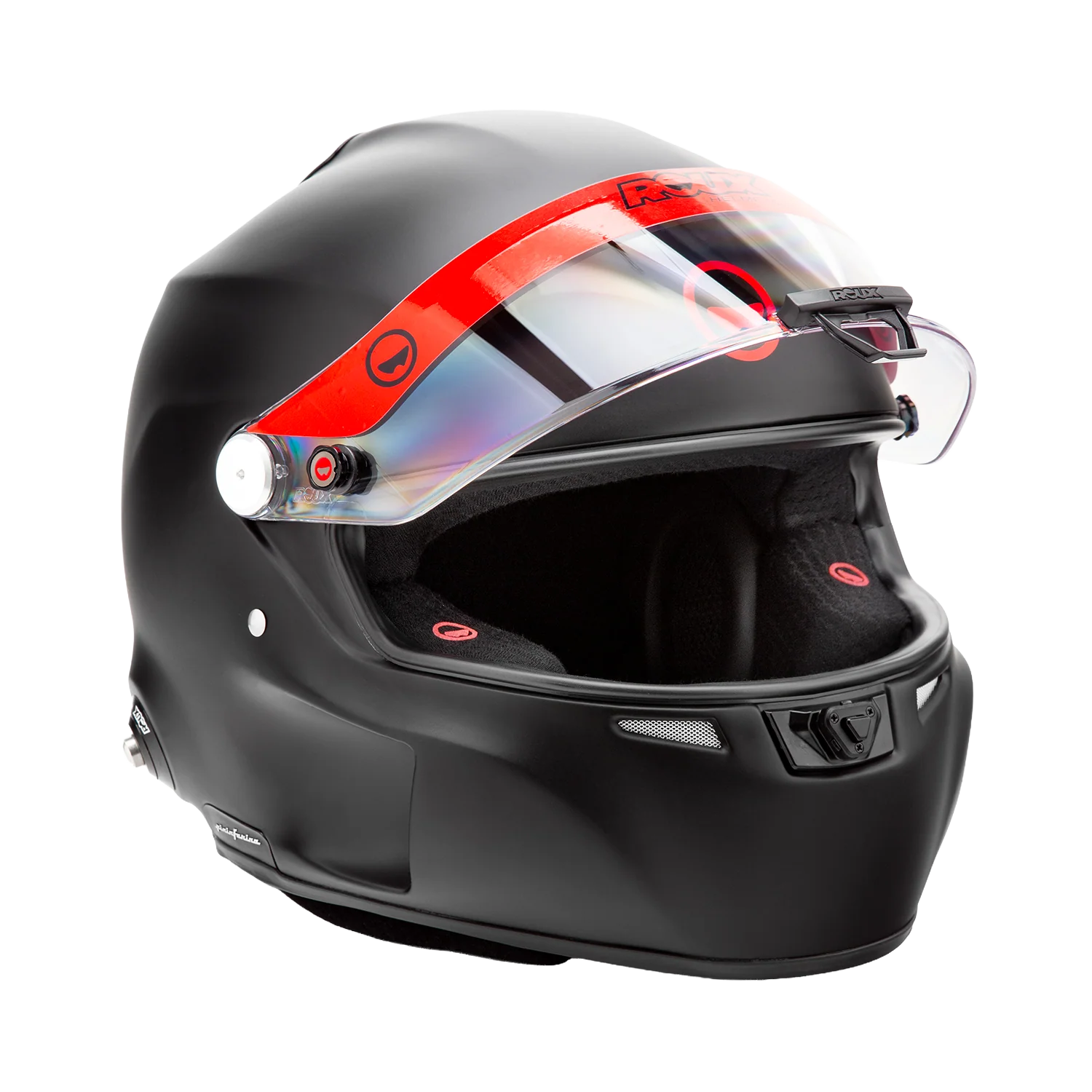 Roux by Pininfarina R1-F 2025 SA2025 fiberglass motorsport helmet — matte black left side profile showing drink system connectors, comms port and Pininfarina branding