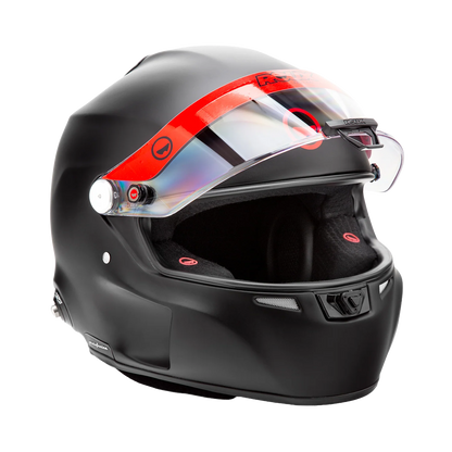 Roux by Pininfarina R1-F 2025 SA2025 fiberglass motorsport helmet — matte black left side profile showing drink system connectors, comms port and Pininfarina branding