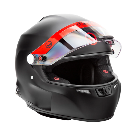Roux by Pininfarina R1-F 2025 SA2025 fiberglass motorsport helmet — matte black left side profile showing drink system connectors, comms port and Pininfarina branding