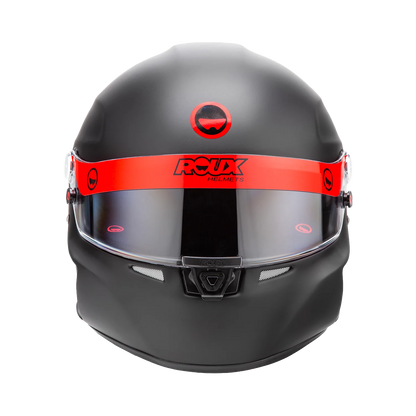 Roux by Pininfarina R1-F 2025 SA2025 helmet — three-quarter rear view showing visor mechanism, top vent and comms connectors