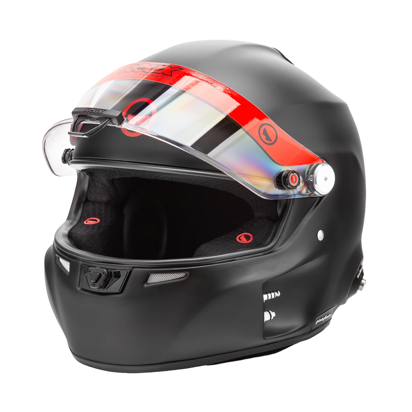 Roux by Pininfarina R1-F 2025 SA2025 helmet — three-quarter front view showing red visor strip, iridium visor and drink tube connector