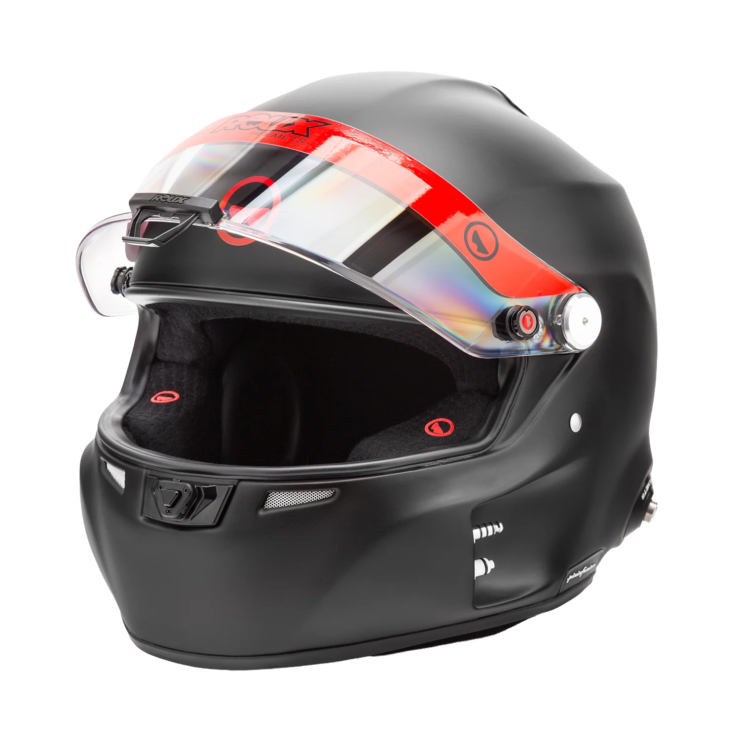 Roux by Pininfarina R1-F 2025 SA2025 helmet — three-quarter front view showing red visor strip, iridium visor and drink tube connector
