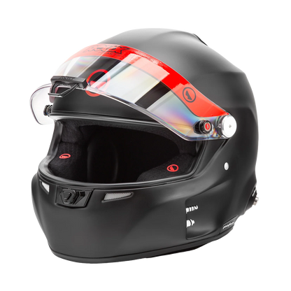 Roux by Pininfarina R1-F 2025 SA2025 helmet — three-quarter front view showing red visor strip, iridium visor and drink tube connector