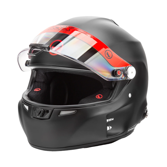 Roux by Pininfarina R1-F 2025 SA2025 helmet — three-quarter front view showing red visor strip, iridium visor and drink tube connector