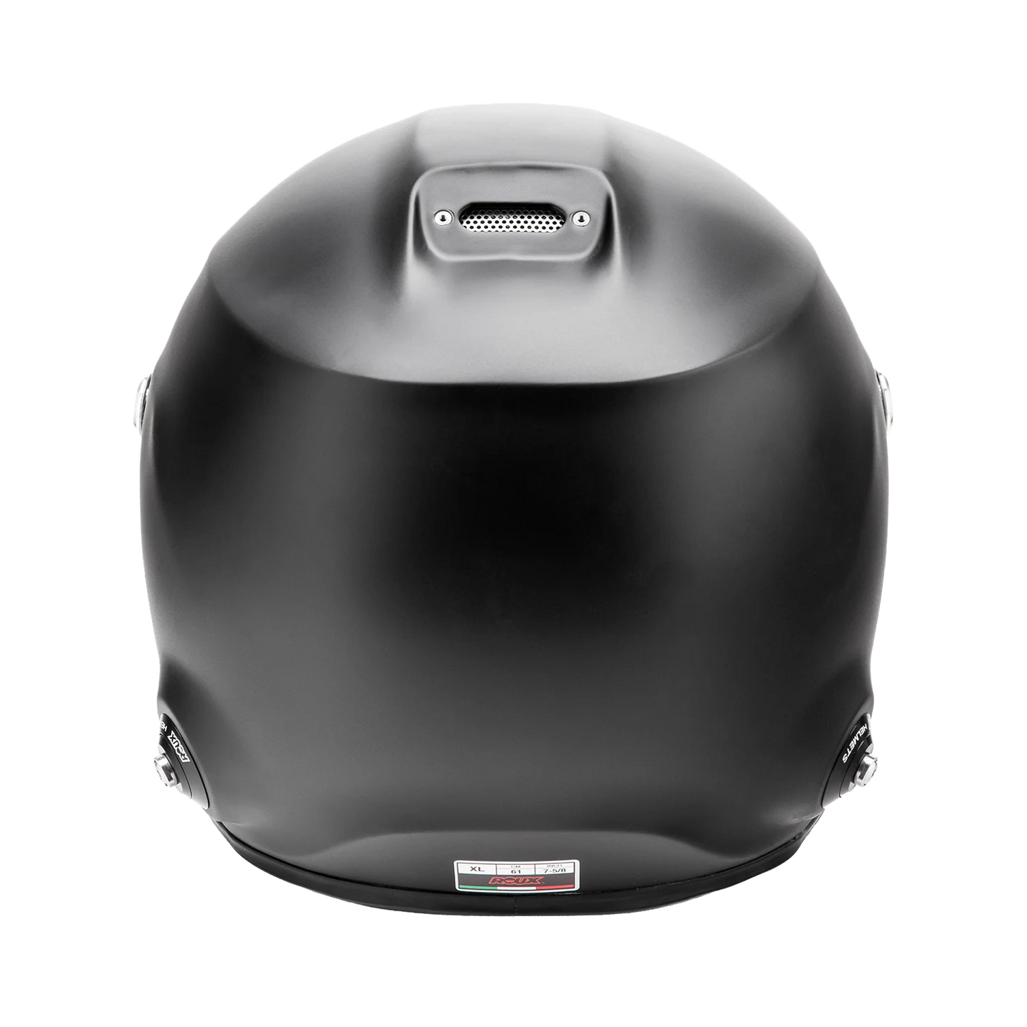 Roux by Pininfarina R1-F 2025 SA2025 helmet — left side profile showing drink tube and comms connector ports and Pininfarina branding
