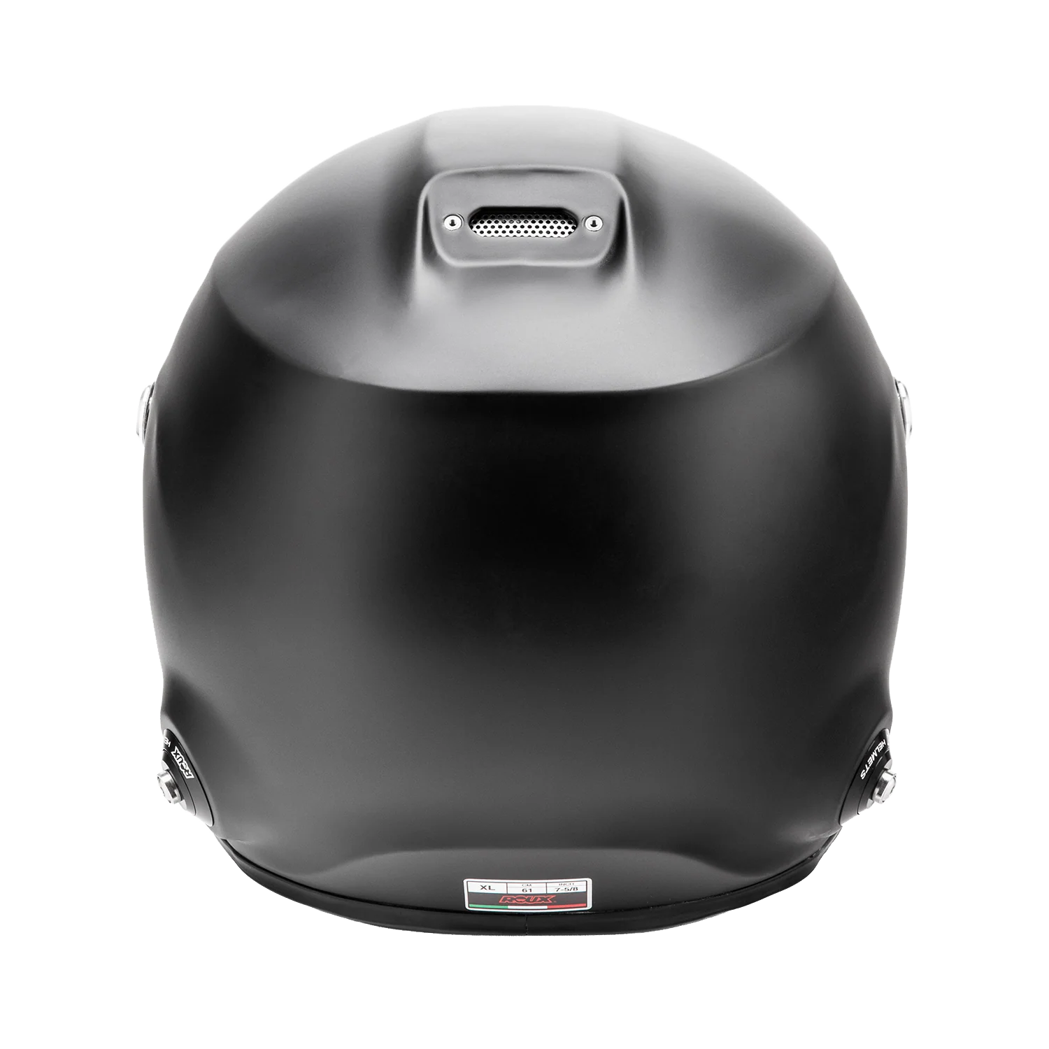 Roux by Pininfarina R1-F 2025 SA2025 helmet — left side profile showing drink tube and comms connector ports and Pininfarina branding