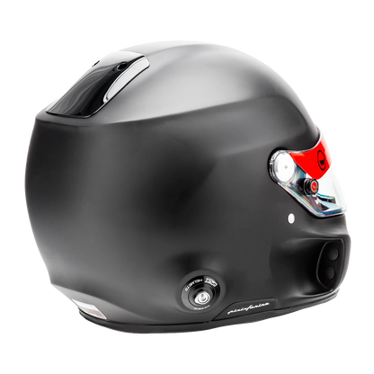 Roux by Pininfarina R1-F 2025 SA2025 helmet — right side profile showing drink system connectors, FIA homologation badge and Pininfarina script