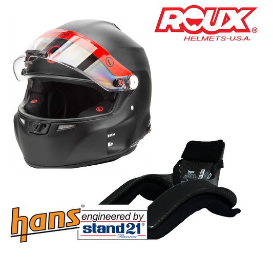 Roux by Pininfarina R1-F 2025 SA2025 full comms helmet and Stand 21 Club 1 HANS device bundle — hero shot with Roux and Stand 21 branding