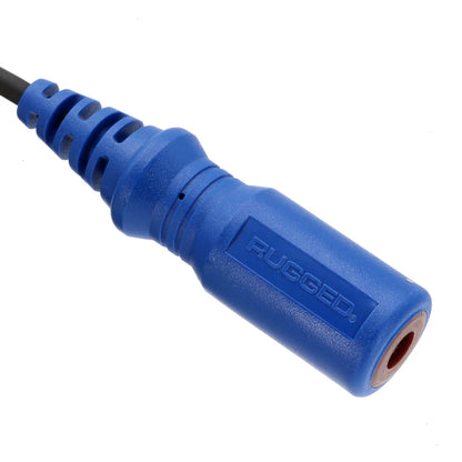 Rugged Radios blue 4-conductor off-road helmet jack — close-up of moulded blue plug for 4C wired helmet connection
