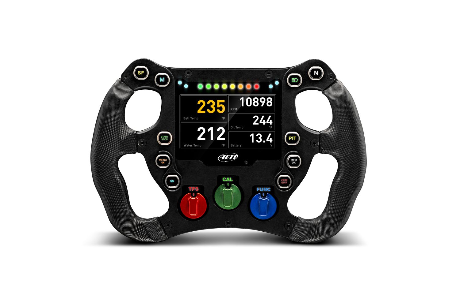 Black steering wheel with digital display and buttons on a white background