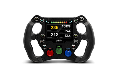 Black steering wheel with digital display and buttons on a white background
