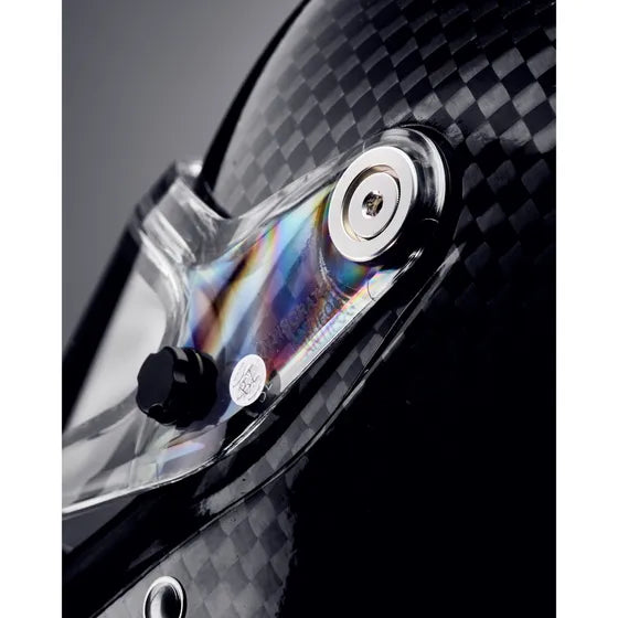 Stilo ST6 CMR Zero Carbon kart helmet — close-up of visor pivot mechanism and anti-fog visor on carbon shell