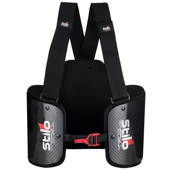 Stilo Carbon Curva kart rib protector — front view showing carbon fibre panels, Stilo Carbon Curva branding and shoulder harness straps