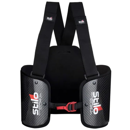 Stilo Carbon Curva kart rib protector — front view showing carbon fibre panels, Stilo Carbon Curva branding and shoulder harness straps