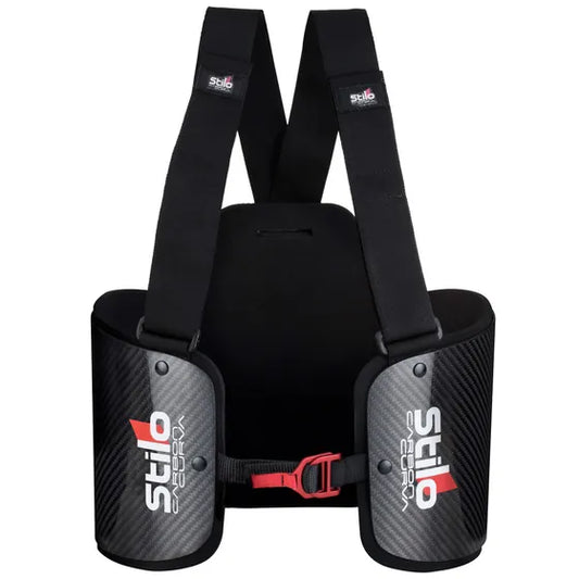 Stilo Carbon Curva kart rib protector — front view showing carbon fibre panels, Stilo Carbon Curva branding and shoulder harness straps