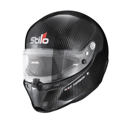 Stilo ST6 KRT Carbon kart helmet — front three-quarter view showing P-Matrix carbon weave, Stilo logo and clear visor