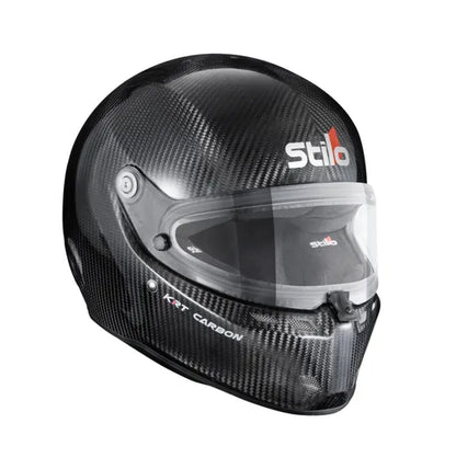 Stilo ST6 KRT Carbon kart helmet — three-quarter rear view showing Stilo logo, P-Matrix carbon shell and visor