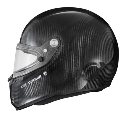 Stilo ST6 KRT Carbon kart helmet — left side profile showing KRT Carbon branding, visor mechanism and P-Matrix carbon shell