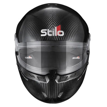 Stilo ST6 KRT Carbon kart helmet — front view showing Stilo logo, full-face chin bar and wide clear visor