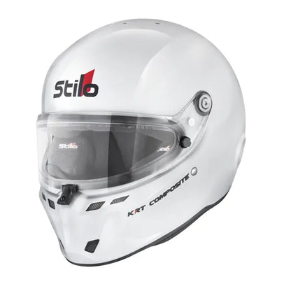 Stilo ST6 KRT Composite kart helmet — white, front three-quarter view showing Stilo logo, KRT Composite branding and clear visor
