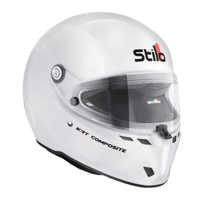Stilo ST6 KRT Composite kart helmet — white, right side three-quarter view showing KRT Composite branding and visor mechanism
