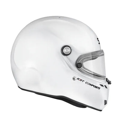 Stilo ST6 KRT Composite kart helmet — white, right side profile showing KRT Composite branding, visor mechanism and chin bar vents