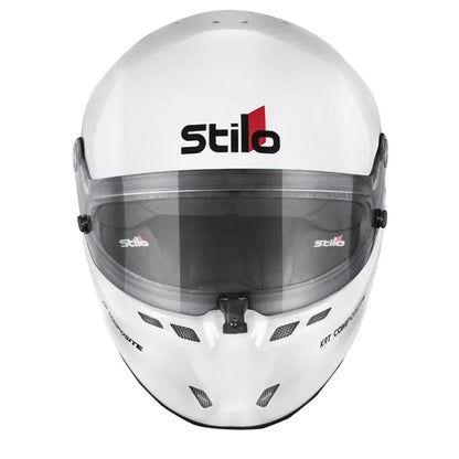 Stilo ST6 KRT Composite kart helmet — white, right side three-quarter view showing KRT Composite branding and visor mechanism