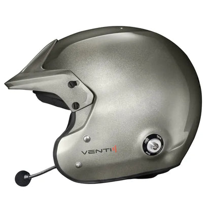 Silver helmet with a microphone on a white background, featuring the brand 'Venti'.