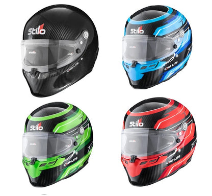 Stilo ST6 CMR Lite Carbon Kart Helmet — all four colour options: Natural Carbon, Blue Carbon Graphics, Green Carbon Graphics and Red Carbon Graphics