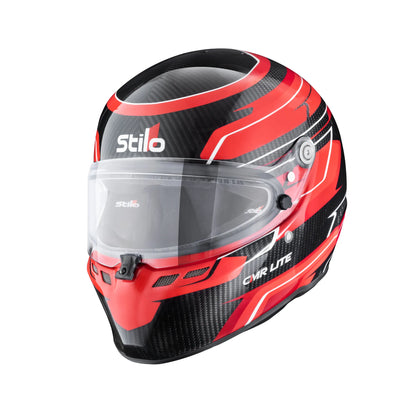 Stilo ST6 CMR Lite Carbon Kart Helmet in Red Carbon Graphics — close-up 3/4 front view showing visor and red carbon livery detail