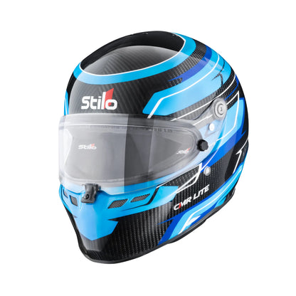 Stilo ST6 CMR Lite Carbon Kart Helmet in Blue Carbon Graphics — close-up 3/4 front view showing visor and blue carbon livery detail