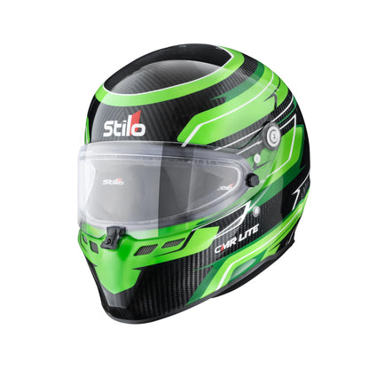 Stilo ST6 CMR Lite Carbon Kart Helmet in Green Carbon Graphics — close-up 3/4 front view showing visor and green carbon livery detail