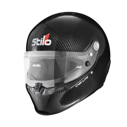 Stilo ST6 CMR Lite Carbon Kart Helmet in Natural Carbon — close-up 3/4 front view showing visor, ventilation and CMR Lite badge detail