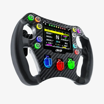 F1-style racing steering wheel with digital display and colorful buttons on a white background
