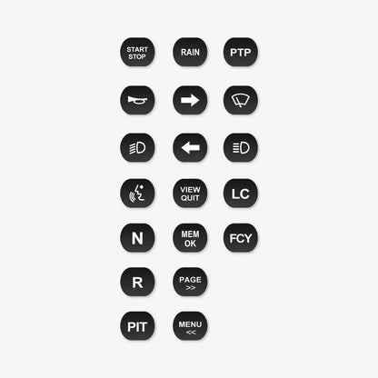 Set of black buttons with white text and symbols on a white background