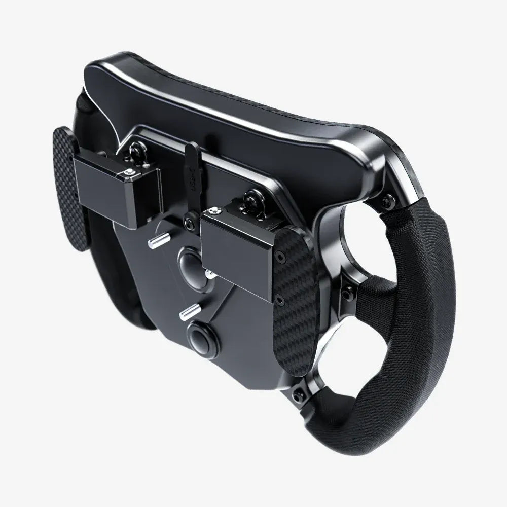 Gaming controller with black and silver design on a white background
