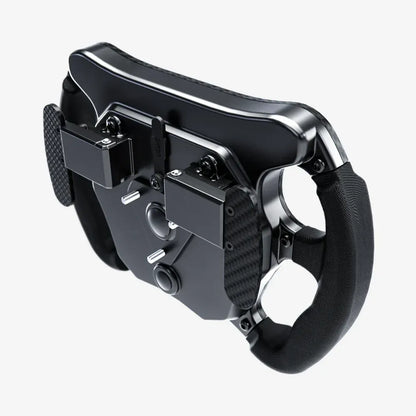 Gaming controller with black and silver design on a white background