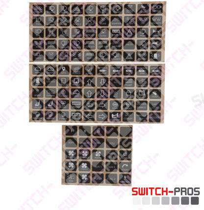 Set of rubber stamps with various symbols on a wooden block, branded 'Switch-Pros'.