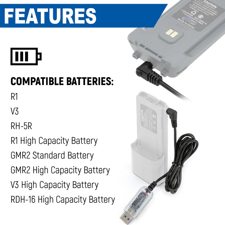 Rugged Radios USB Charging Cable for R1 - V3 - GMR2 and GMR2 PLUS Handheld Radios